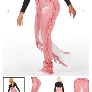 Fringed Pink Sweatpants with White Side Panels